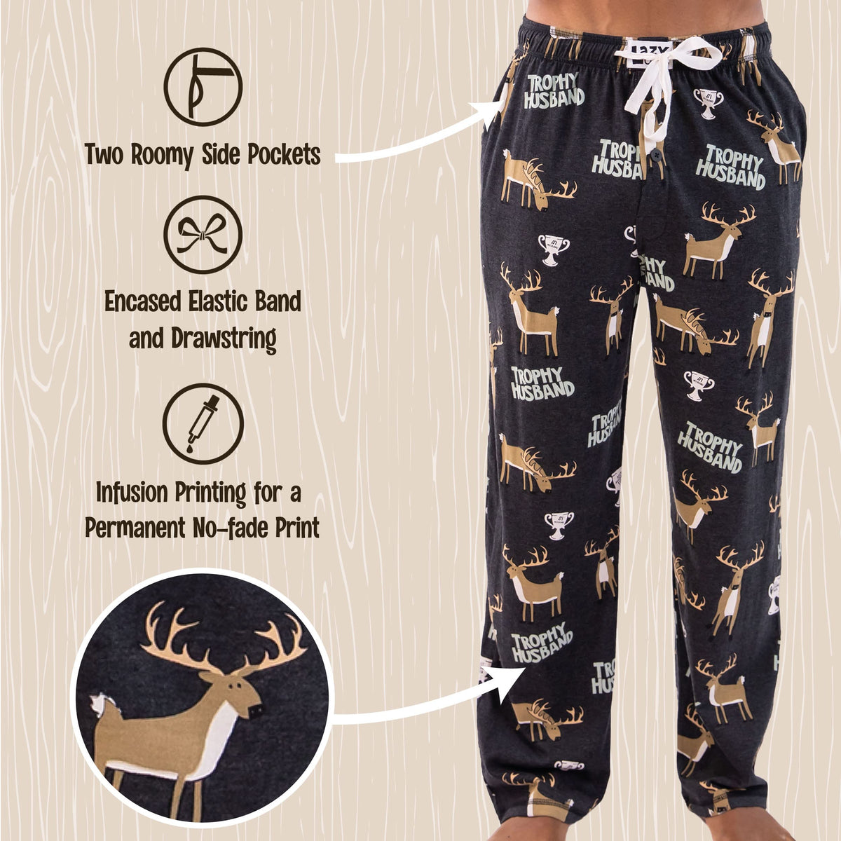Lazy One Novelty Pajama Pants For Men, Men's Separate Bottoms, Lounge Pants, Animal, Buck, Deer, Hunting (Trophy Husband, X-Large)