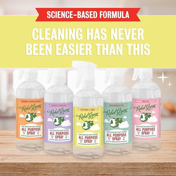 Rebel Green Natural All-Purpose Cleaning Spray - Plant-Based Multi-Surface Cleaner with Essential Oils for Kitchen, Bath, Countertops and More - Peppermint & Lemon Scent - 16 oz - 2 Pack