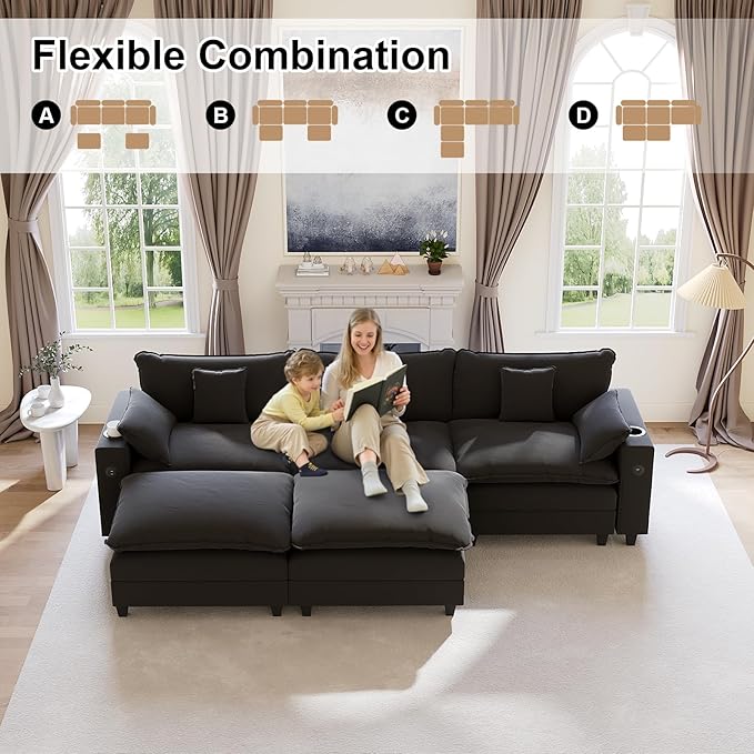 KCGKCG 116" Modular Sectional Sofa, U Shaped Cloud Couch with Movable Ottoman, Chenille Deep Seat Cloud Sofa with Charging Station, Cup Holder, Side Pocket, Sectional Couches for Living Room, Black