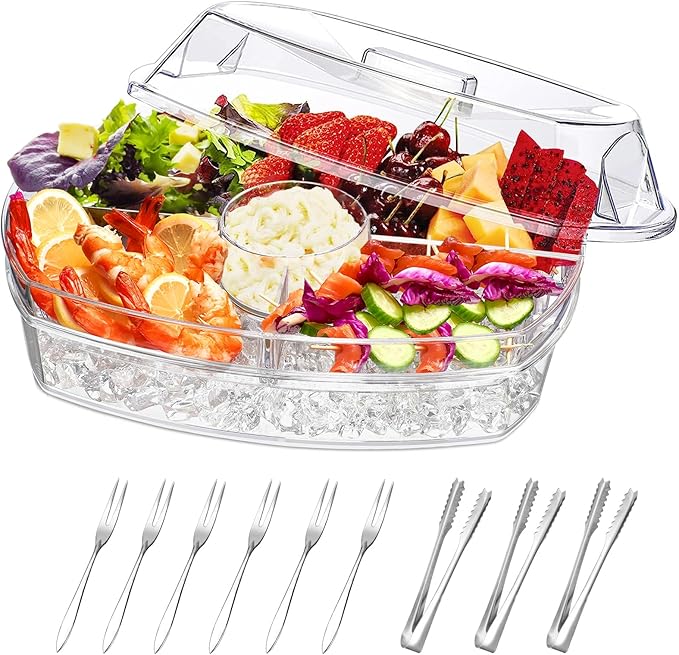 Chilled Serving Platters,Chilled Veggie Tray with Lid,Ice Serving Platters and Trays Cold Travel,Fruit Ice Serving Tray,Ap...