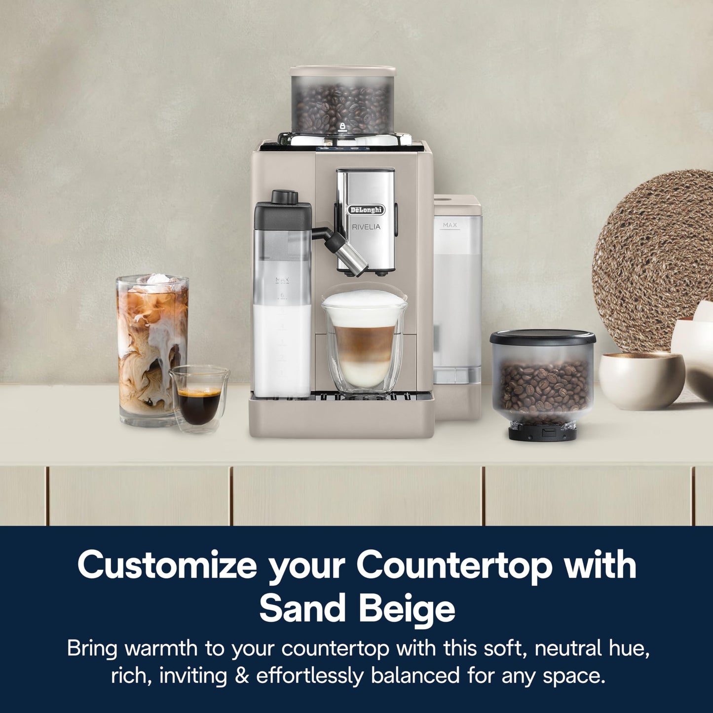 De'Longhi Rivelia Automatic Espresso Machine, Grinder & Frother, Easy Bean Switching, Beige
