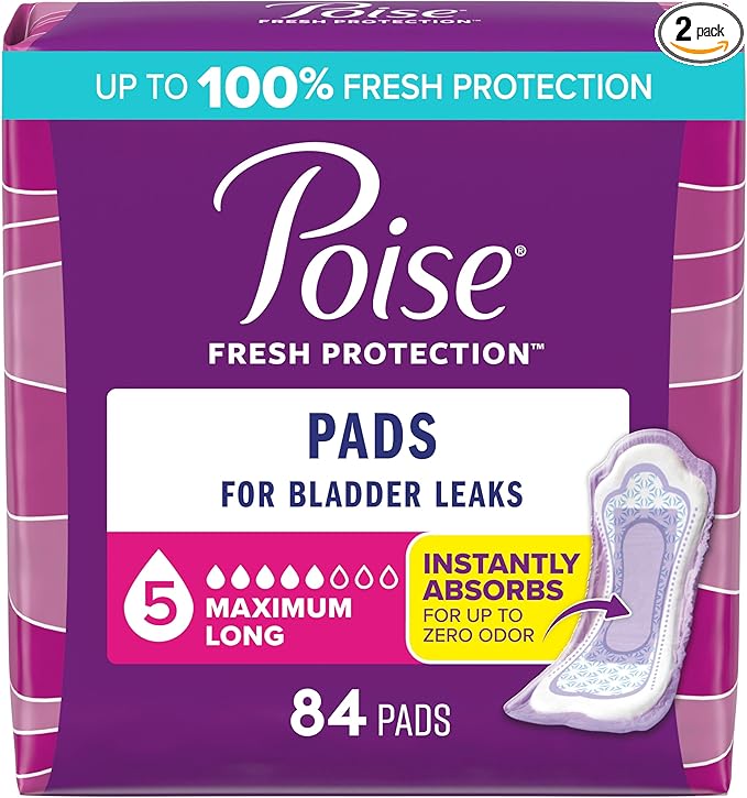 Poise Incontinence & Postpartum Pads for Bladder Leaks, 5 Drop Maximum Absorbency, Long Length, 84 Count, Packaging May Vary