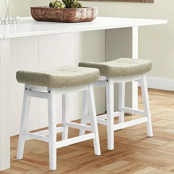 RNKSFX Counter Height Bar Stool Kitchen Counter Modern Backless Barstool with Upholstered Faux Leather Seat and Solid Wood Leg Farmhouse 24 inch Bar Chair, Light Grey + White, 1pc