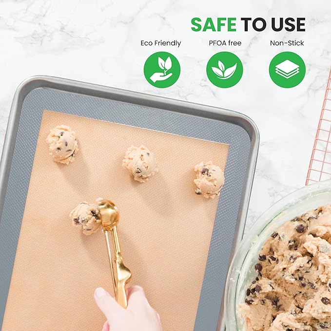 Nutrichef Silicone Baking Mats - 2 Non-stick Food-Grade Silicone Mats - Perfect for Full Baking Pans 24.4 x 16.5 IN - Oven-safe Up to 480 Degrees F - Suitable for Ovens, Freezers, & Dishwashers - Grey