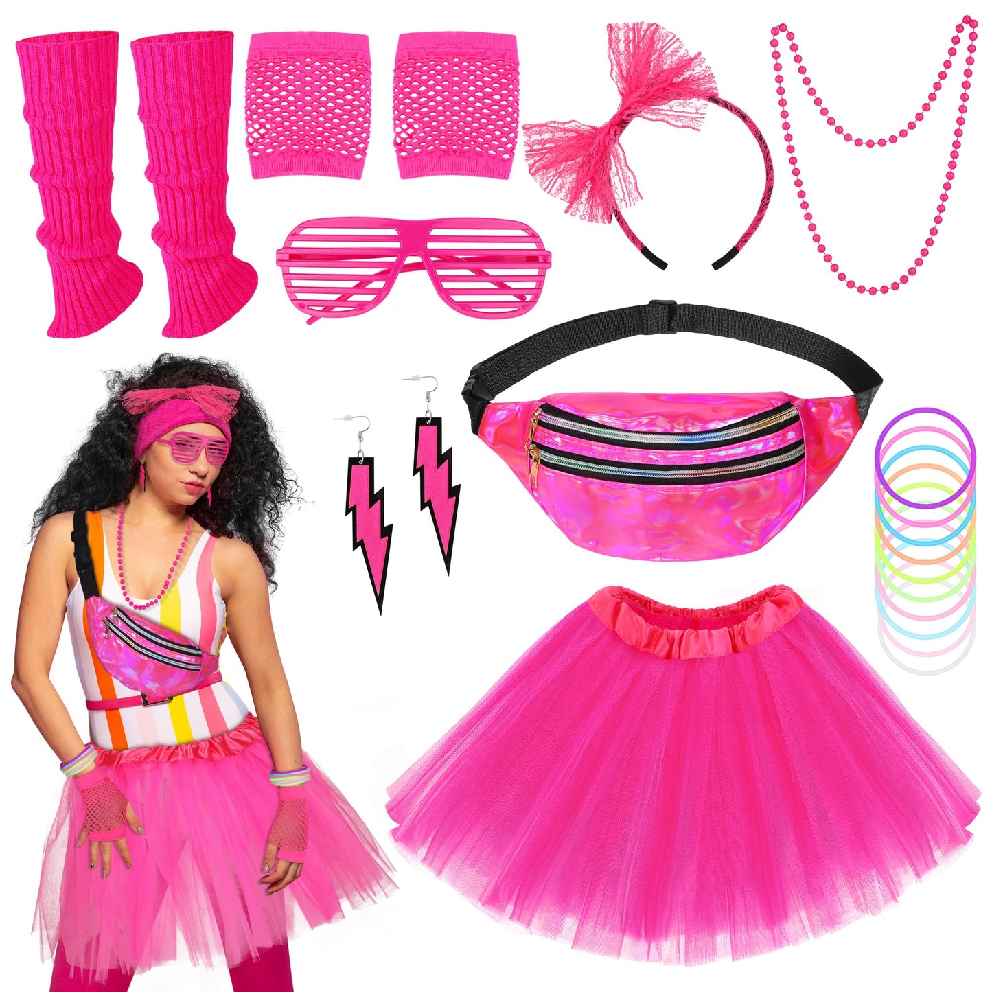 SOMSOC 80s Outfit Costume Accessories for Women, Neon Tutu Headband Necklace Gloves Eyeglasses Leg Warmer for 80s Theme Party