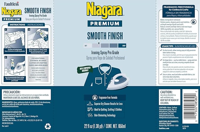 Niagara Spray Starch Smooth Finish (22 Oz, 12 Pack) Trigger Pump Liquid Starch for Ironing, Non-Aerosol Spray on Starch, No Flaking, Sticking or Clogging, Biodegradable Ingredients, Recyclable