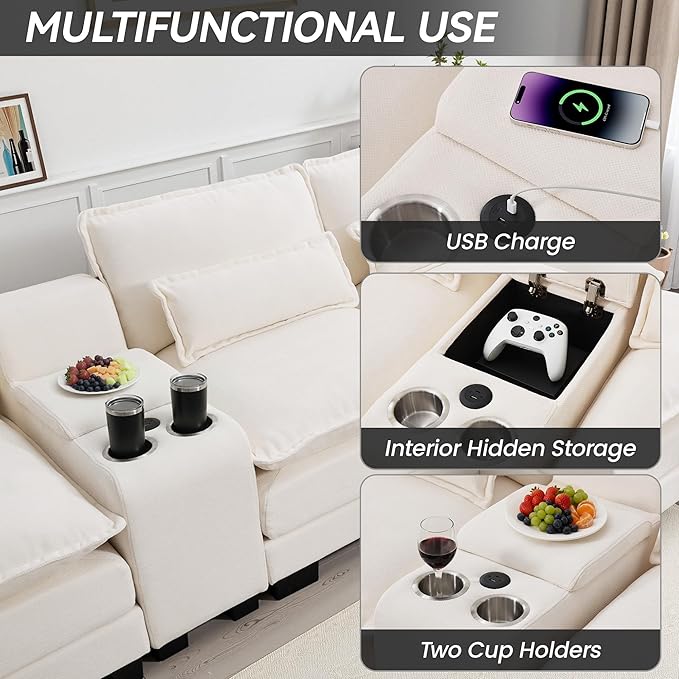 125" U Shaped Cloud Modular Sectional Couch for Living Room, Small Comfy Chenille Sofa with Double Chaise Lounge, Storage Central Console, Cup Holders, USB Port,Beige