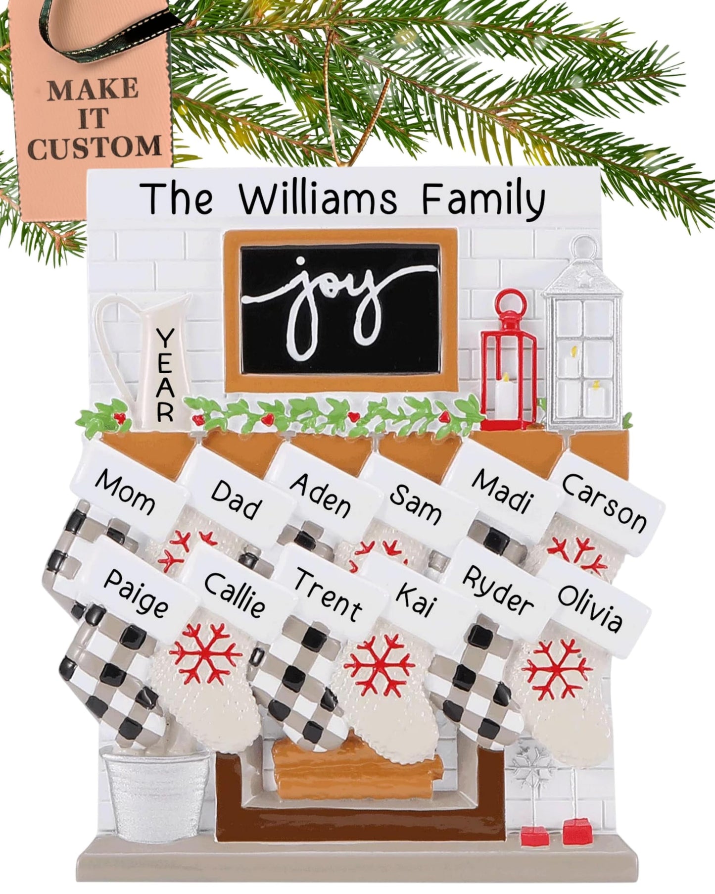 Personalized Large Family of 12 Ornament 2025 | Free 24h Customization | Laser Engraved Fireplace Christmas Ornaments for Tree | Custom Gift Wrapped Mantel with Stockings Keepsake for Twelve Persons