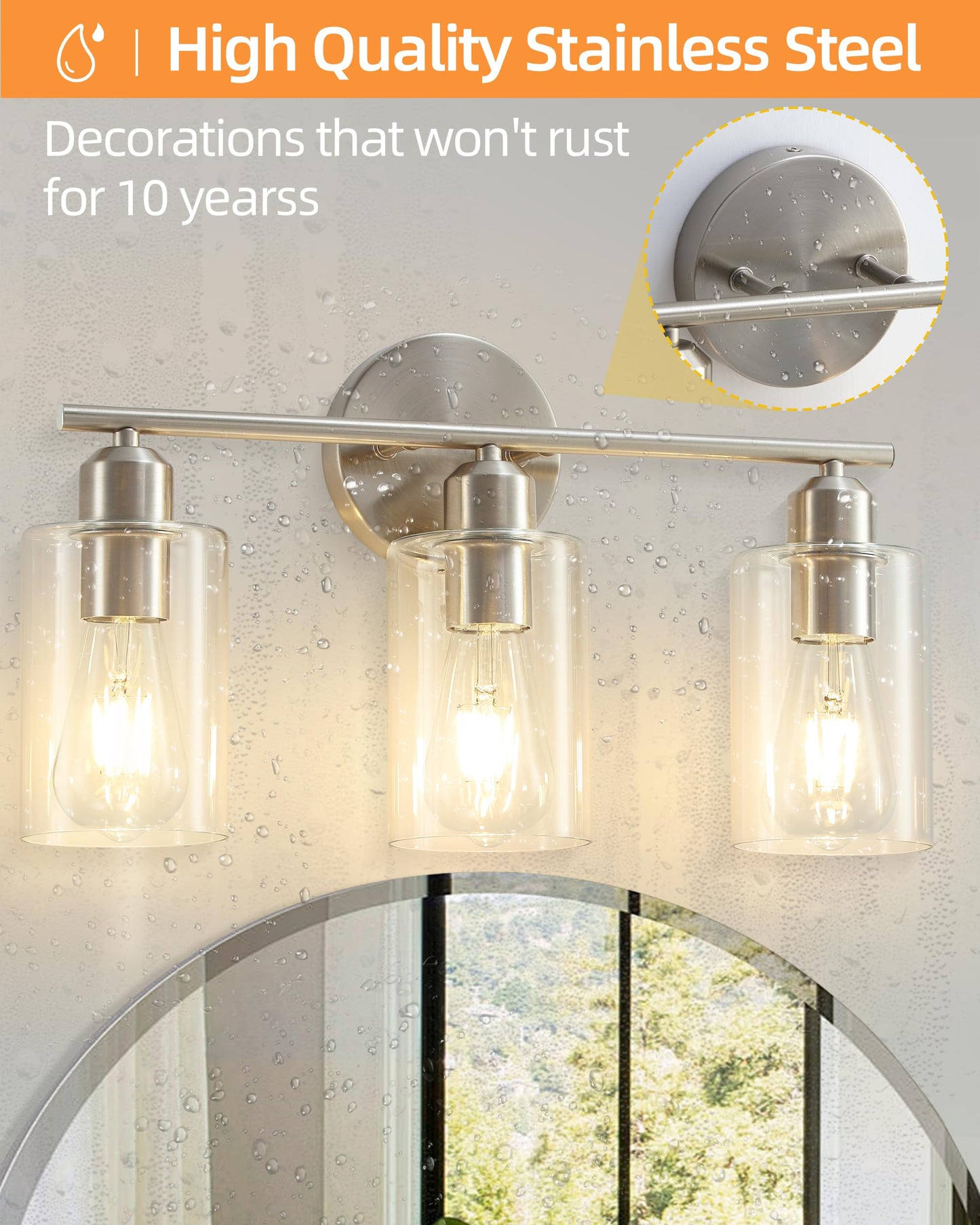 Brushed Nickel Vanity Lights - 3-Light Modern Bathroom Lighting Fixtures with Clear Glass Shade - Wall Sconce for Hallway - 2Pack
