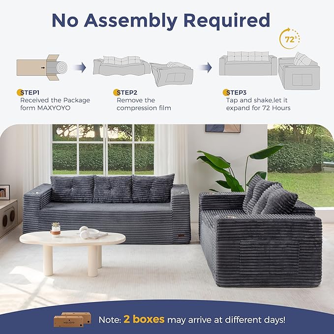 MAXYOYO Boneless Couch and Loveseat Sets for Small Spaces, Mini Love Seat Floor Couch with Cup Holders and Pillows, Upholstered Cloud Couch for Bedroom Apartment, No Assembly Required