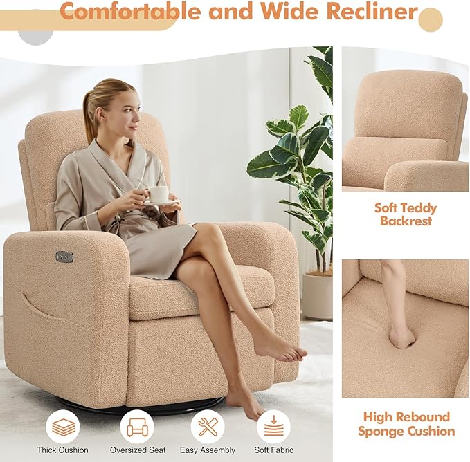 AEMEIOS Power Swivel Rocker Recliner, Oversized Boucle Electric Recliner Chair, Swivel Glider Nursery Reclienr with Removable Cushion, Upholstered Recling Chair for Living Room Bedroom, Teddy Camel