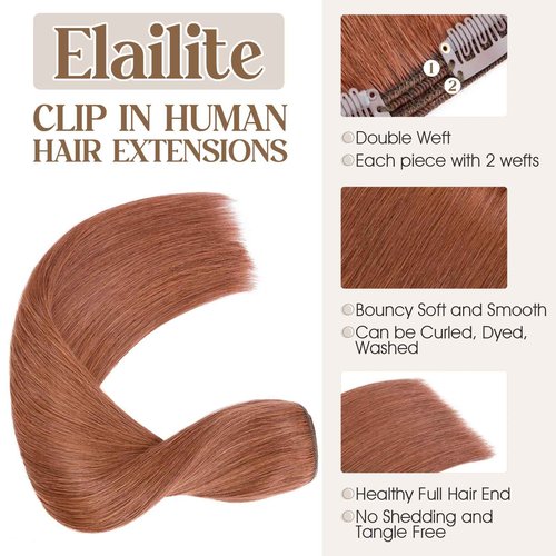 Elailite Clip in Hair Extensions Real Human Hair Double Weft Thick 8pcs Weft Auburn Copper Red 14 Inch 120g Remy Hairpieces Balayage Full Head Straight for Women