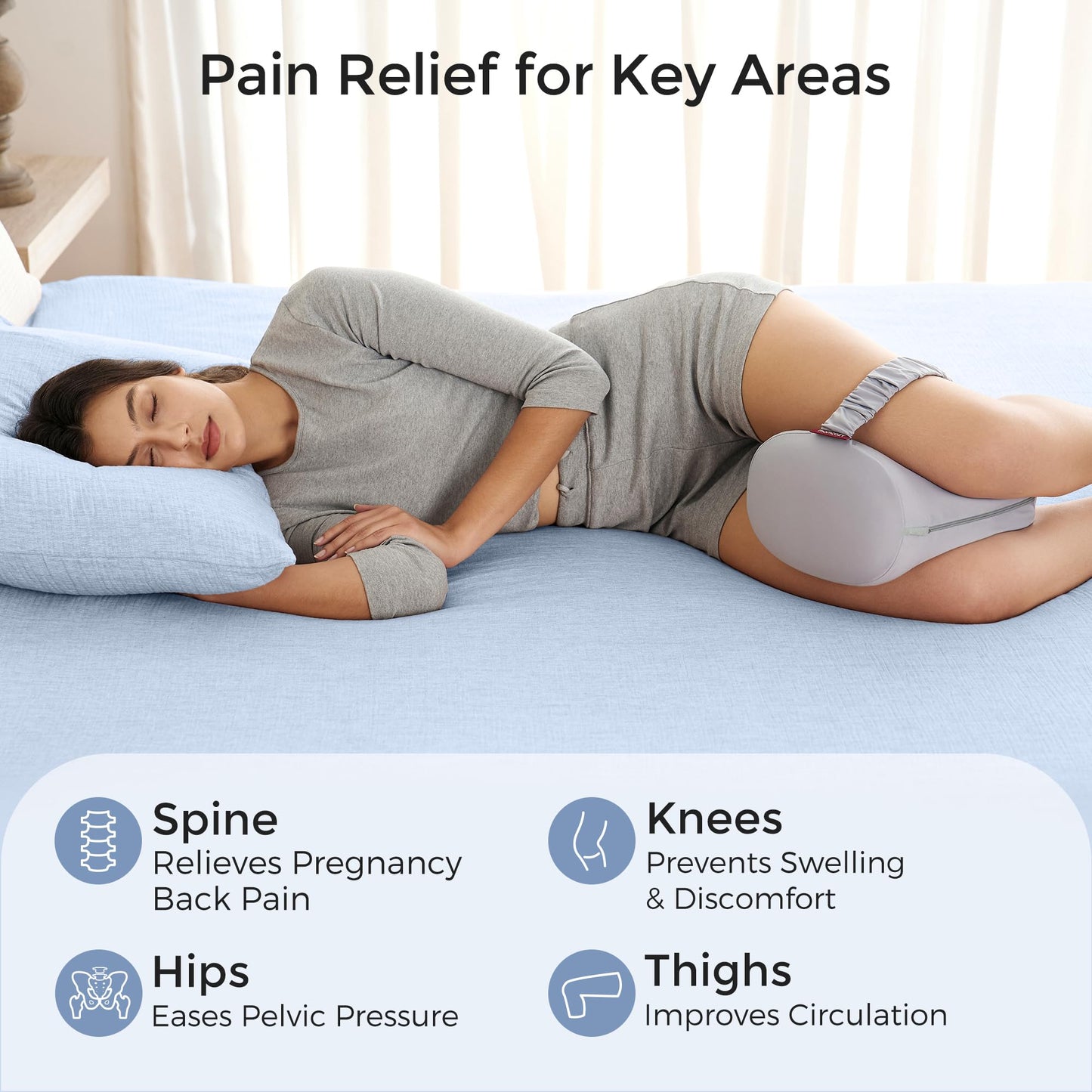 Momcozy Knee Pillow for Side Sleepers with Cooling Cover, Soft Memory Foam Spine Alignment Pregnancy Leg Pillow for HIPS, Back, Sciatica Pain, Fixed Strap for Moving, Wider Contact Even Pressure