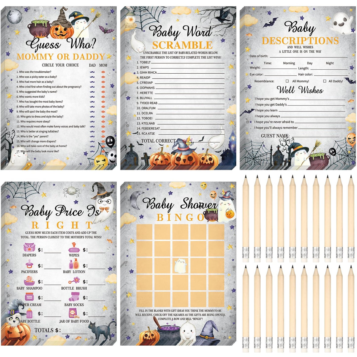 Yinder 145 Pcs Halloween Baby Shower Games Girl or Boy Activities Cards Baby Bingo Description and Wishes Guess Who Mommy or Daddy Price is Right Word Scramble Game