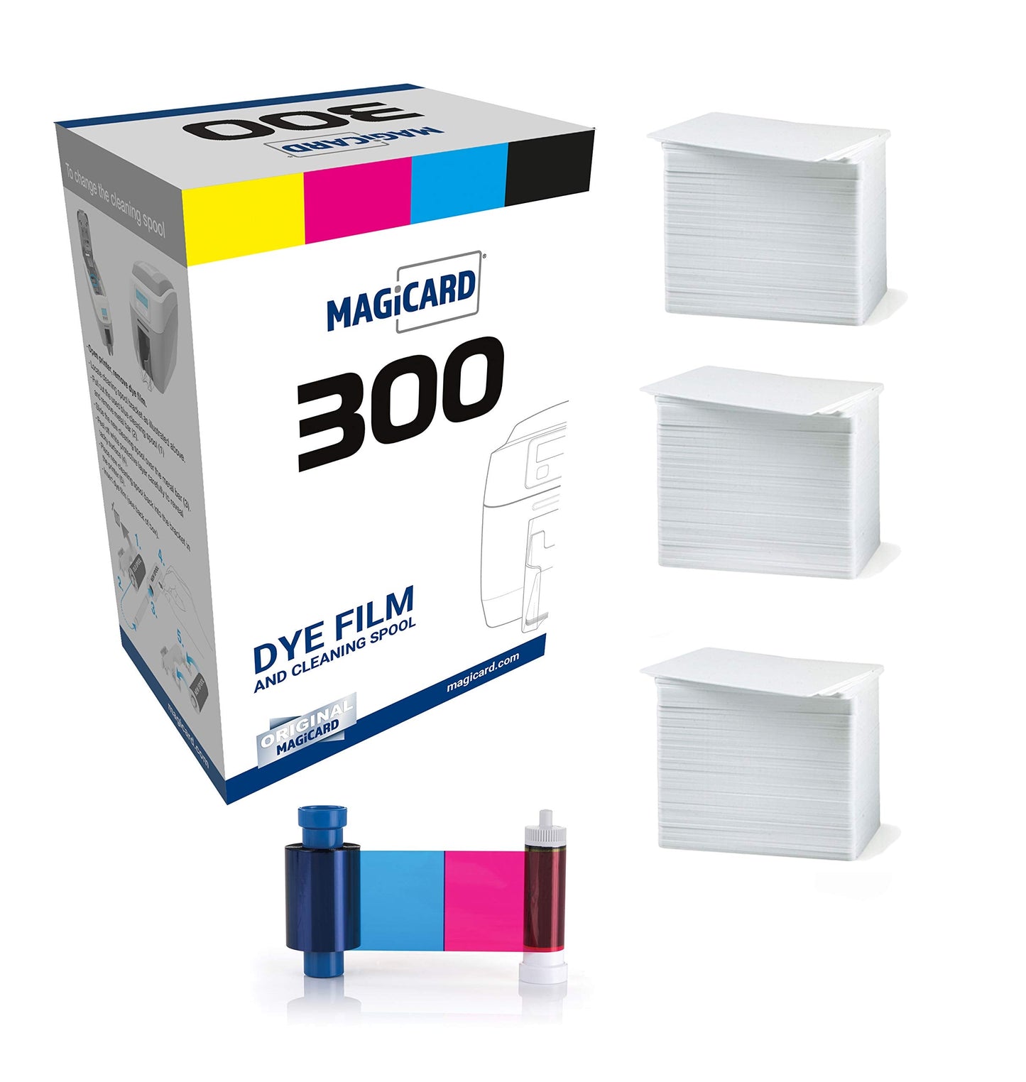 Magicard 300 Printer MC300YMCKO Color Ribbon - YMCKO - 300 Prints with Bodno Premium CR80 30 Mil Graphic Quality PVC Cards - Qty 300 -Like New