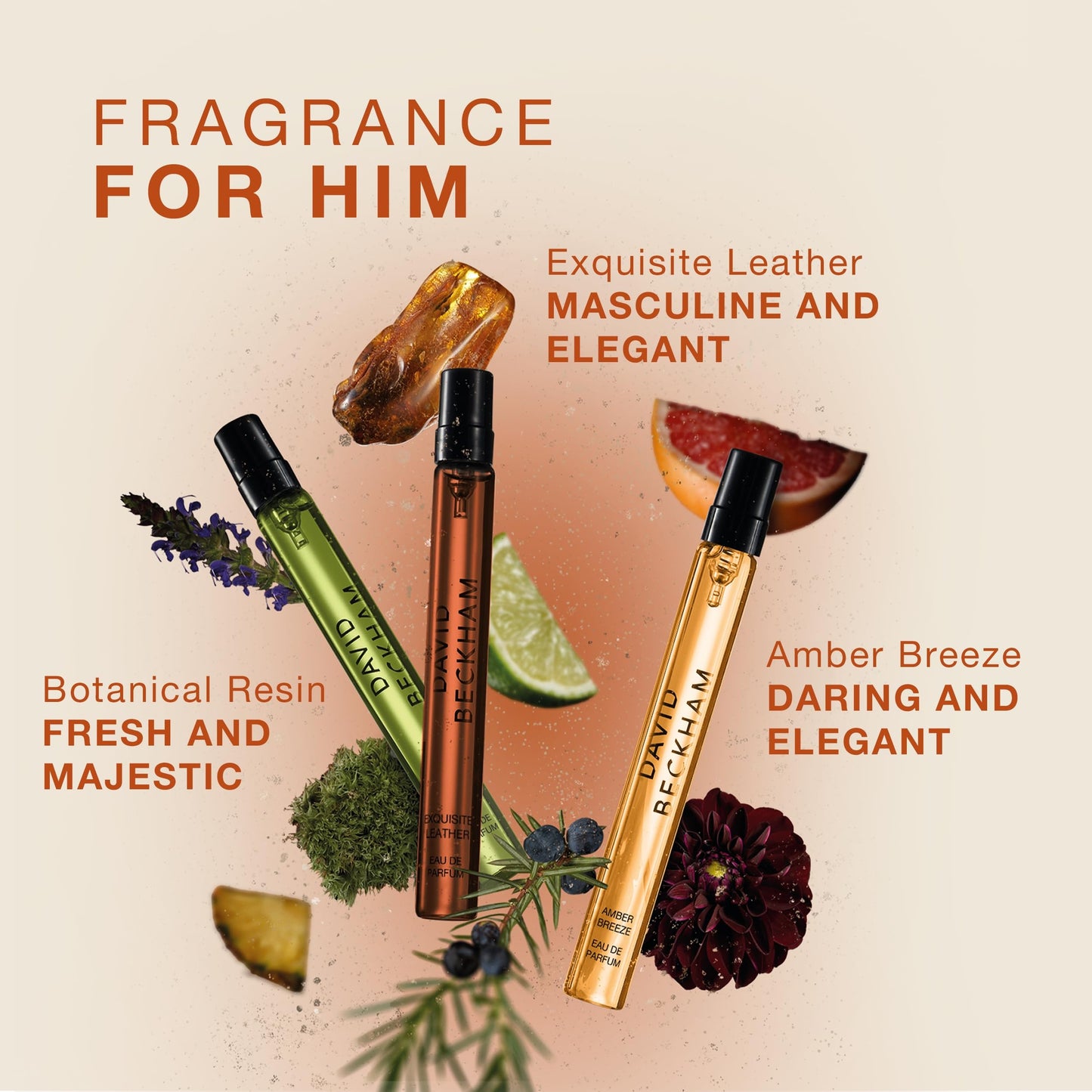 David Beckham 3 Piece Discovery Giftset - Exquisite Leather, Botanical Resin, Amber Breeze 0.33 fl oz Pen Sprays, Men's Fragrance, Long Lasting, Sporty Fragrance, Travel Size