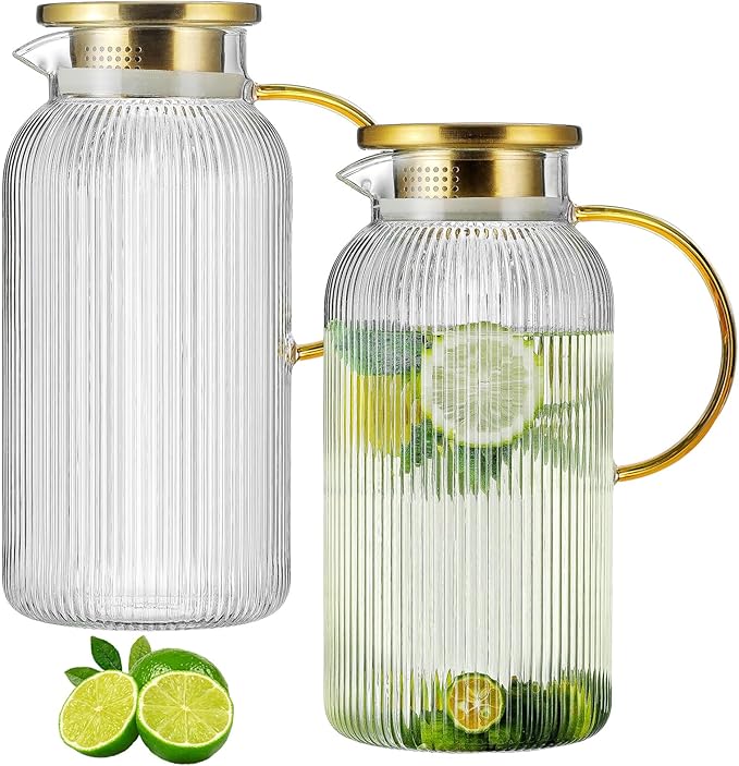 Buaic 2 PACK Glass Pitcher with Lid, 68 oz/ 2 Liter Classic Vertical Stripes Water Pitcher with Yellow Handle,Glass Water ...