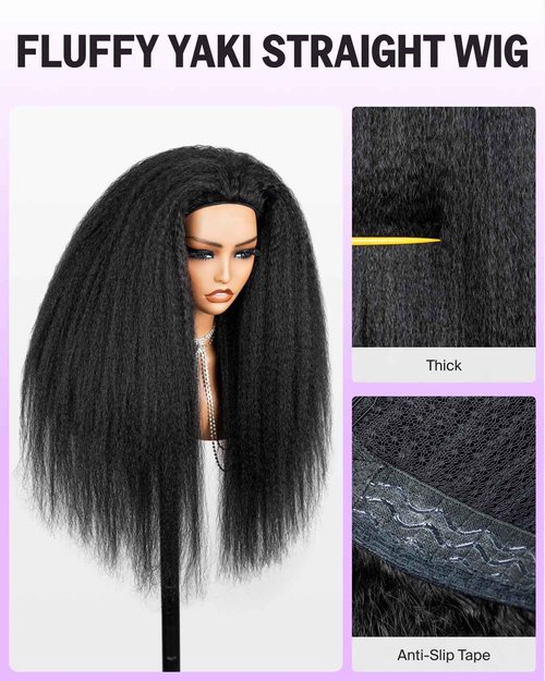 Megalook hair Yaki Straight Half Wig Human Hair Drawstring Ponytail Wig 3 In 1 Beginner Friendly No Lace Flip Over Half Wig Headband Wig Human Hair 200% Density Glueless Wigs for Women 20 Inch