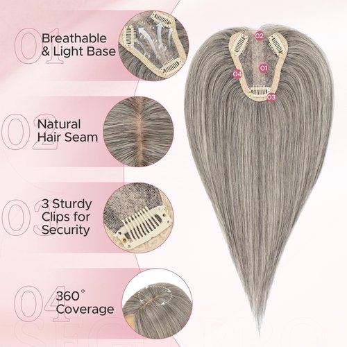 SEGO Pro Hair Toppers for Women Real Human Hair with No Bangs 3.1×3.9 Inch Silk Base Clip-In Topper Natural Looking Hairpieces for Women（8 Inch,Light Grey）