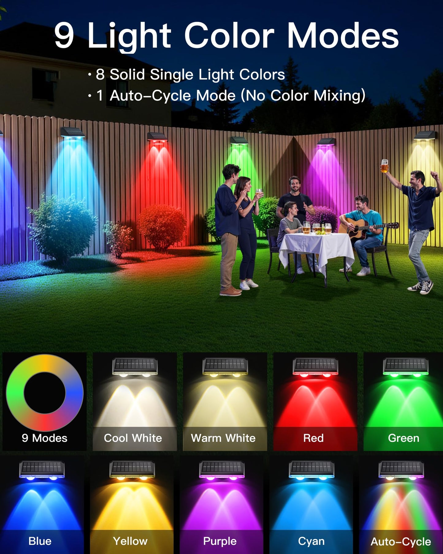 KEILAIMO Solar Fence Lights Outdoor, 16 Pack IP65 Waterproof Fence Lights Solar Powered with Ultra-Bright LED Lens, 9 Color Modes, 12+ Hours Steady Glow for Deck/Backyard/Patio/Pool/Wall - Black
