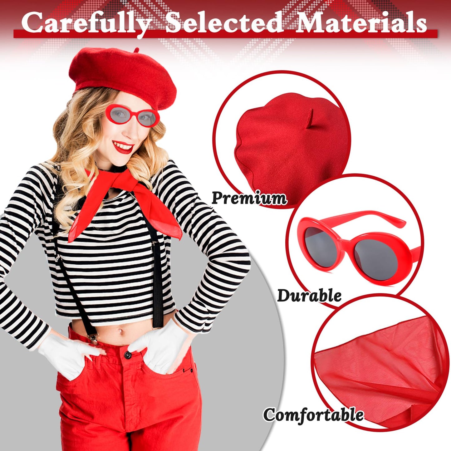 French Women set, Women Fancy Dress Costume Accessories Set French Artist Mime Kit with Red Beret Scarf Sunglasses Gloves for Cosplay Party Supplies Dress Up