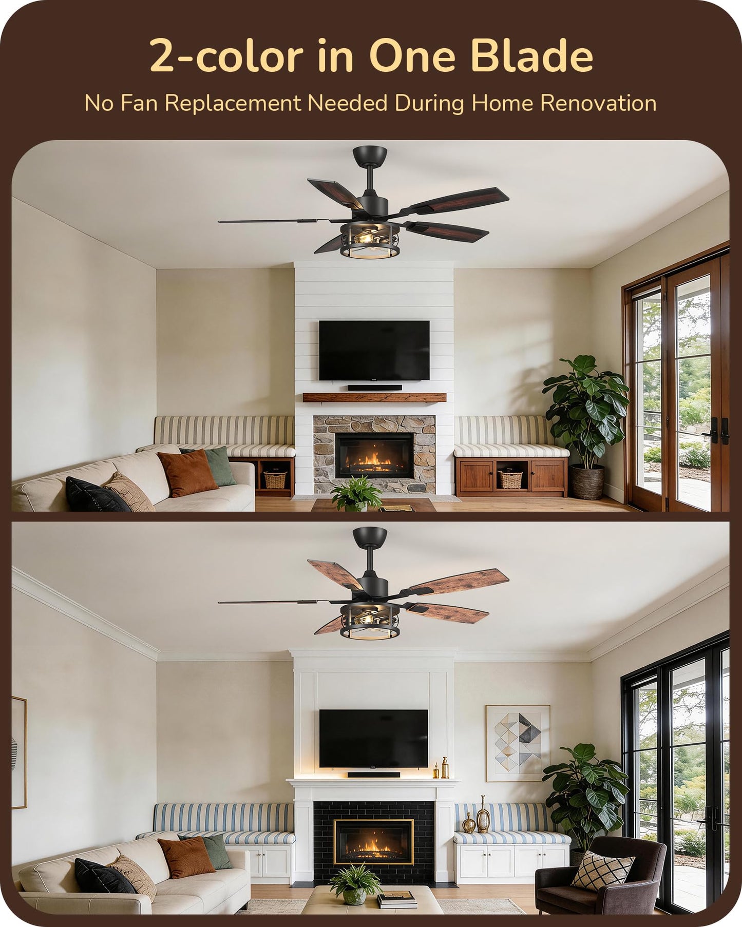 EDISHINE 52" Farmhouse Ceiling Fans with Lights and Remote, 10%-100% Dimmable, Reversible DC Motor, 6 Speed, 5 Wooden Blades, Timer, Rustic Caged Fandelier Ceiling Fan for Living Room, Bedroom