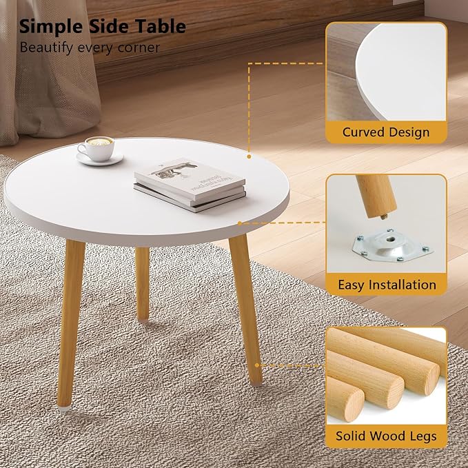 Funecy Round Coffee Table Low Table with 3 Solid Wood Sturdy Legs, Floor Table Desk for Sitting on The Floor, Storage and Living Room Furniture (White)