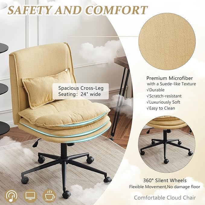 VINGLI Cloud Criss Cross Legged Chair,18" High Back Armless Home Office Desk Chair with Wheels,Wide Adjustable Comfy Padded Seat Task Computer Chair,Modern Swivel Makeup Vanity Chair,Fabric,Yellow