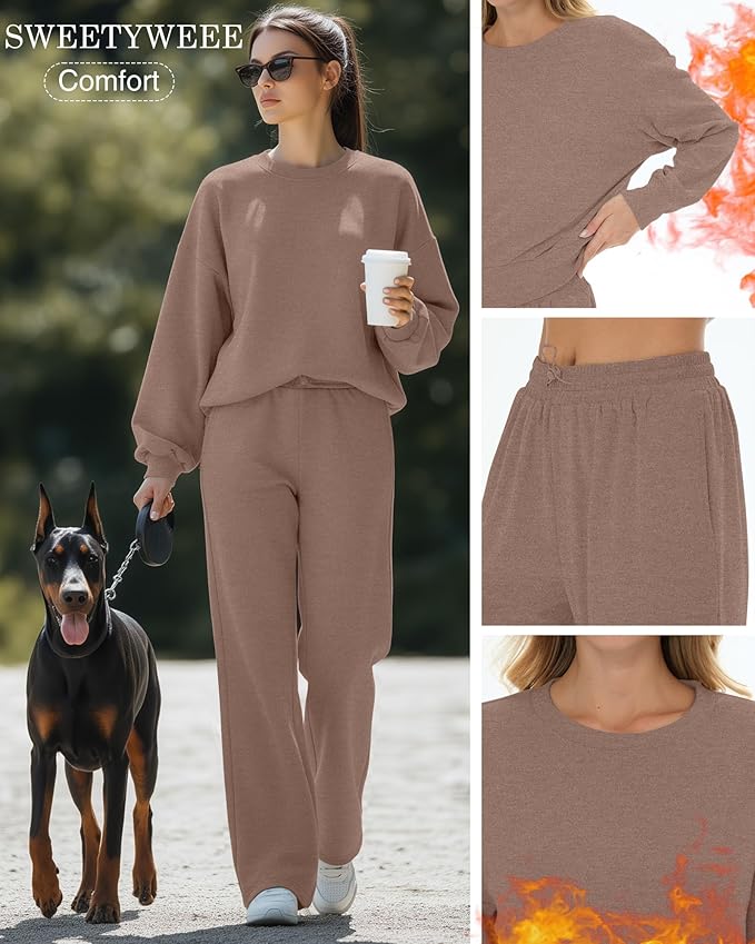 Sweetyweee Women's 2 Piece Outfits Set Fleece Lined Lounge Sweatsuit Crewneck Pullover Top Wide Leg Pants Casual Tracksuit