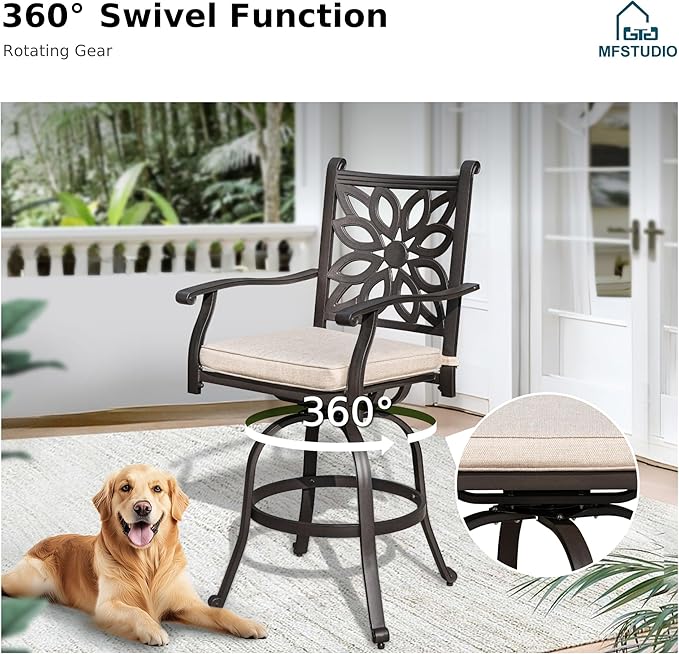 MFSTUDIO Patio Outdoor Barstools Set of 2, Cast Aluminum Swivel Dining Chairs, Counter Bar Height Outdoor Patio Chairs with Extra Wide Seat and Cushion, Brown, 350lbs