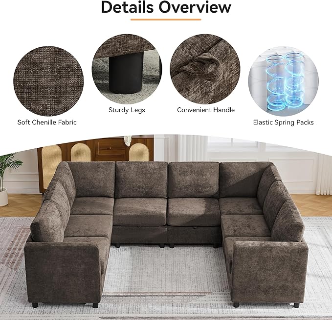 104'' U Shaped Modular Sofa, Sectional Couches with Storage for Living Room, Oversized 8 Seater Cloud Sectional Couch, Chenille Brown