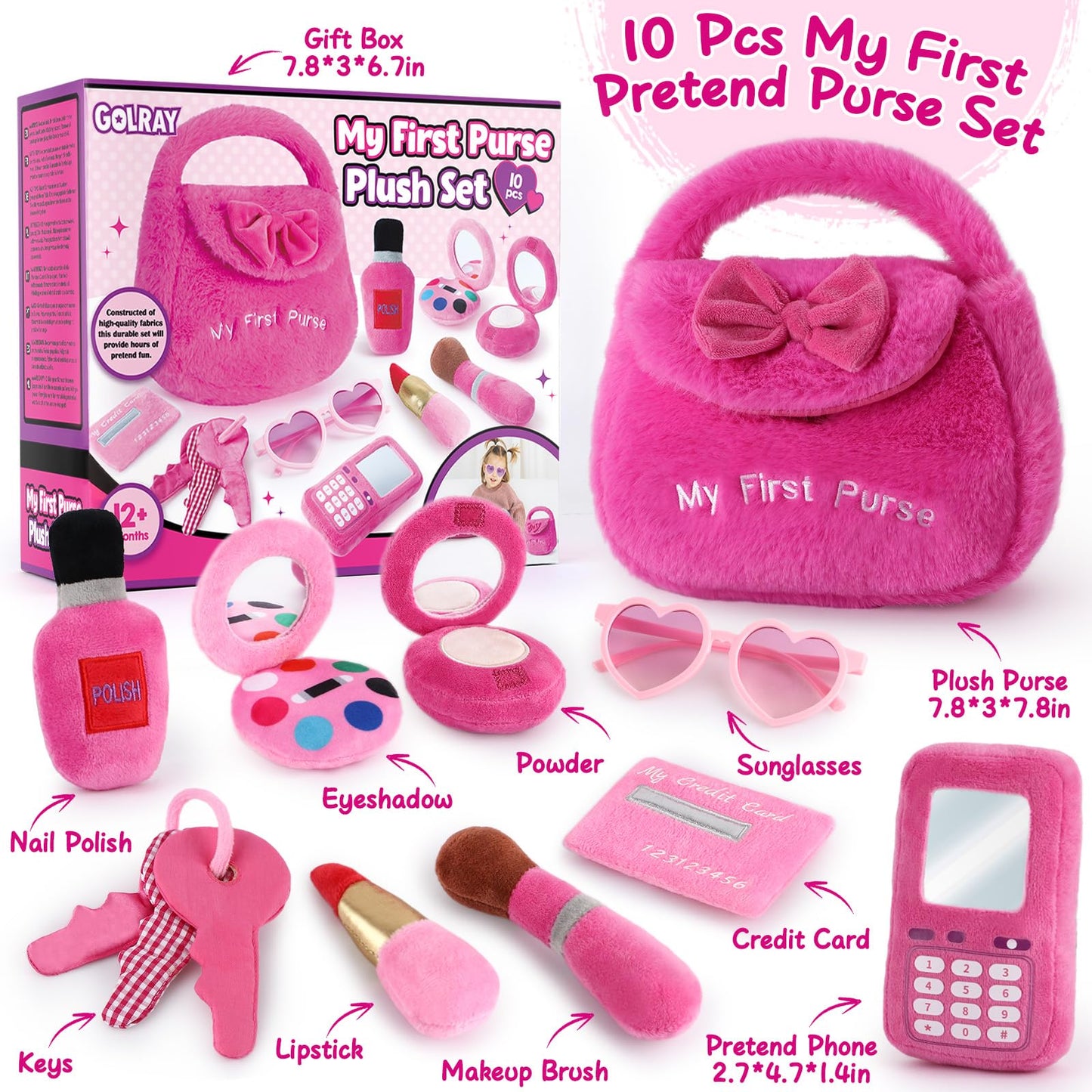 Golray Plush Toddler Purse Baby Girl Pretend Play Toy - 10 Pcs My First Purse with Soft Sensory Toy Smartphone/Crinkle Makeup Beauty Playset for Toddler Baby Girl Christmas Birthday Gift Ages 3 4 5