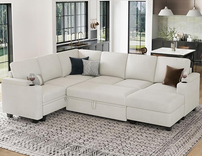 Belffin Sleeper Sofa Modular Sectional Pull Out Couch Bed U Shaped Sofa Couch for Living Room with Storage Chaise. White