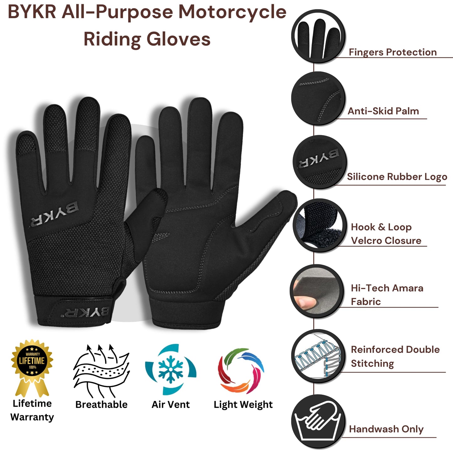 BYKR All-Weather Motorcycle Gloves for Men & Women – Protection for Dirt Bike, BMX, MX, and ATV Riding – Black S