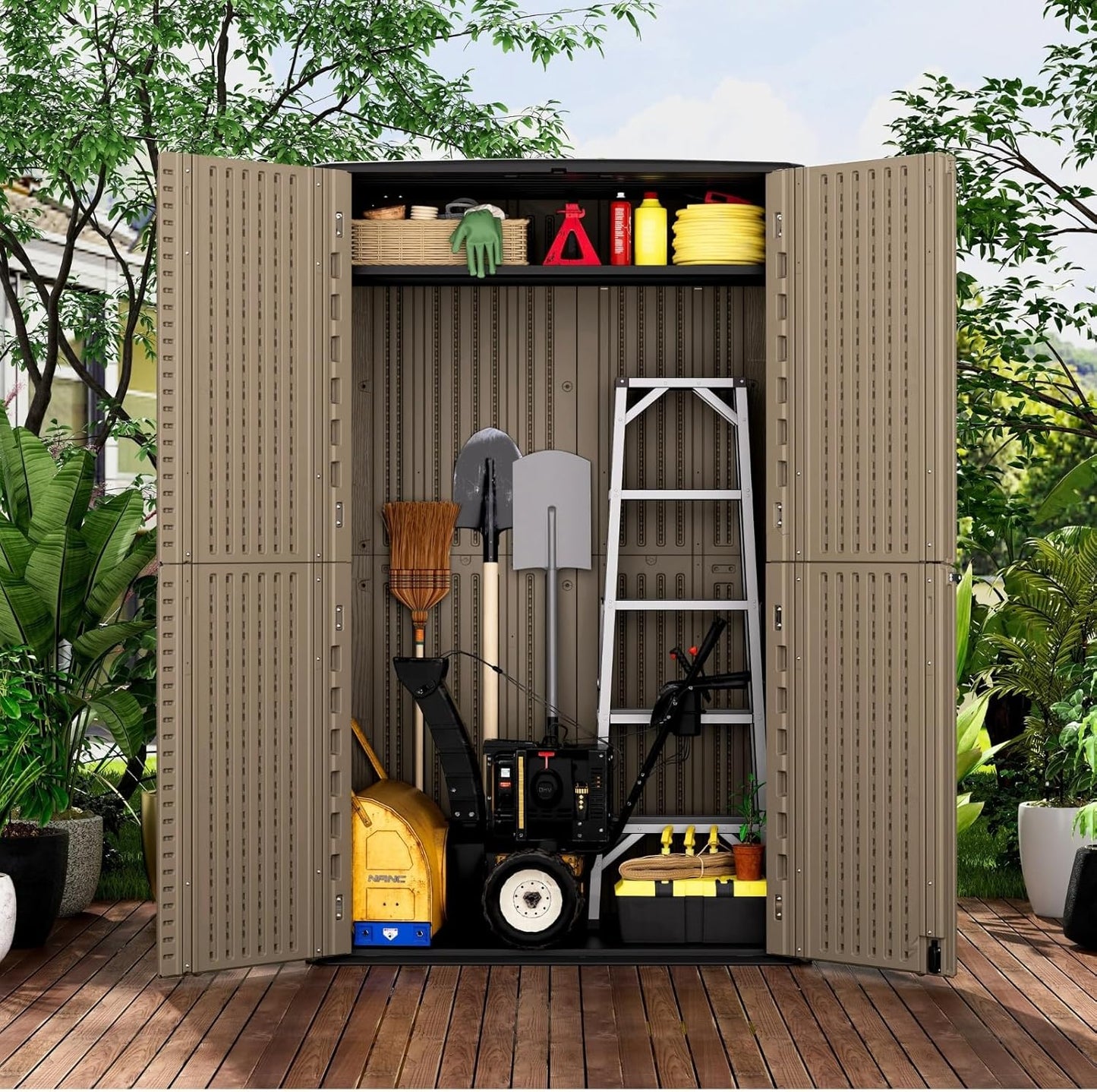 ZZM Large 67 Cu.ft Waterproof Storage Shed, Outdoor Storage Cabinet，Durable Resin Storage for Patio Furniture, Garden Tools, Pool Accessories, Mower Storage (Coffee)