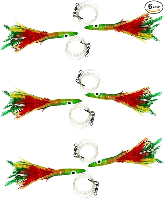 6" Tuna Clone Feather Rigs, 6 Pcs Mexican Flag Color, for Offshore Saltwater Trolling, Skirted Feather Lures, Ideal for Bi...