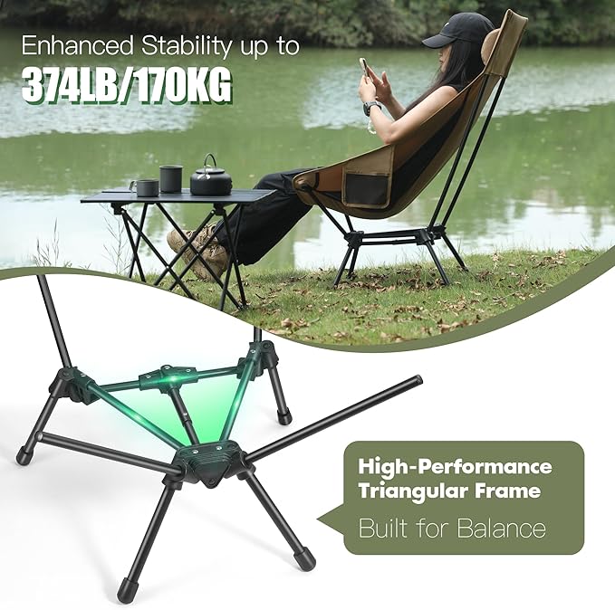 AuroraTrail High Back Folding Camping Chair with Pillow – Lightweight Portable Outdoor Chair with Cup Holder & Carry Bag, Sturdy Aluminum Frame Supports up to 374 lb for Camping, Hiking & Festivals