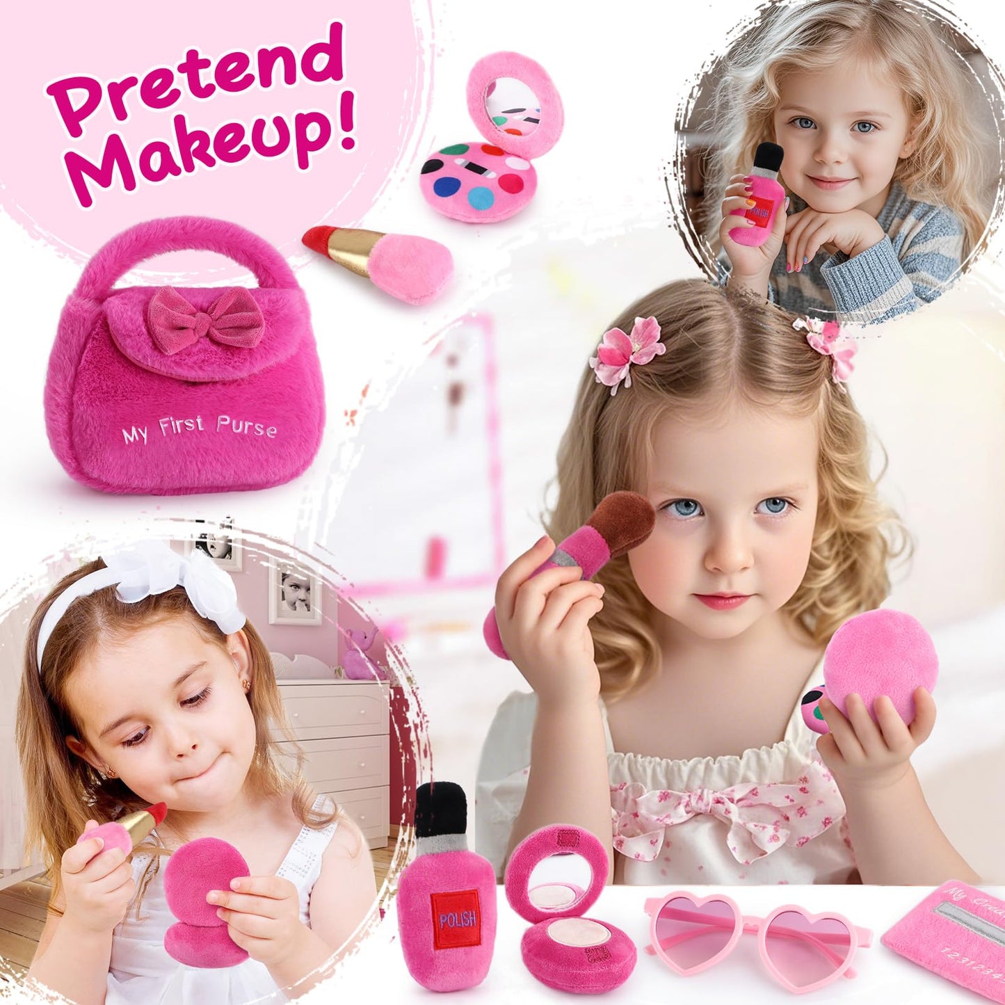 Golray Plush Toddler Purse Baby Girl Pretend Play Toy - 10 Pcs My First Purse with Soft Sensory Toy Smartphone/Crinkle Makeup Beauty Playset for Toddler Baby Girl Christmas Birthday Gift Ages 3 4 5