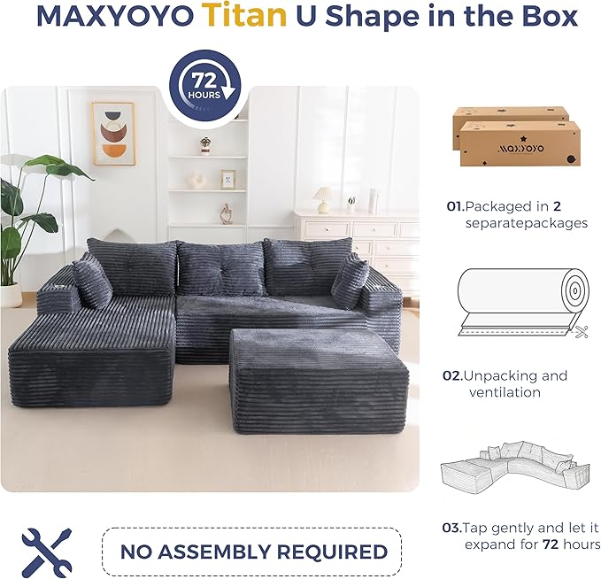 MAXYOYO 104" U-Shaped Modular Sectional Couch, Modern Boneless Couch for Living Room, Sofa in A Box, Oversized Sofa Sleeper with Deep Seat, No Assembly Required, Dark Grey
