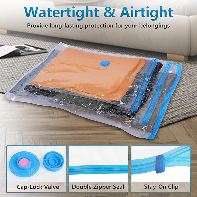 18 Pack Vacuum Storage Bags，Space Saver Bags(4 Jumbo/4 Large/4 Medium/3 Small/3 Roll),Compression for Comforters and Blankets, Sealer Clothes Storage, Hand Pump Included