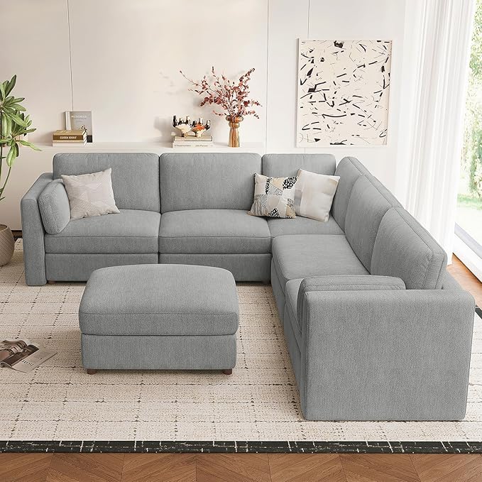 CUGOAO 117.7'' Modular Sectional Sofa, Oversized L-Shaped Sectional Couch with Ottoman, Deep Seat Chenille Cloud Couch, Mordern Upholstered Couches for Living Room, Apartment, Office, Grey