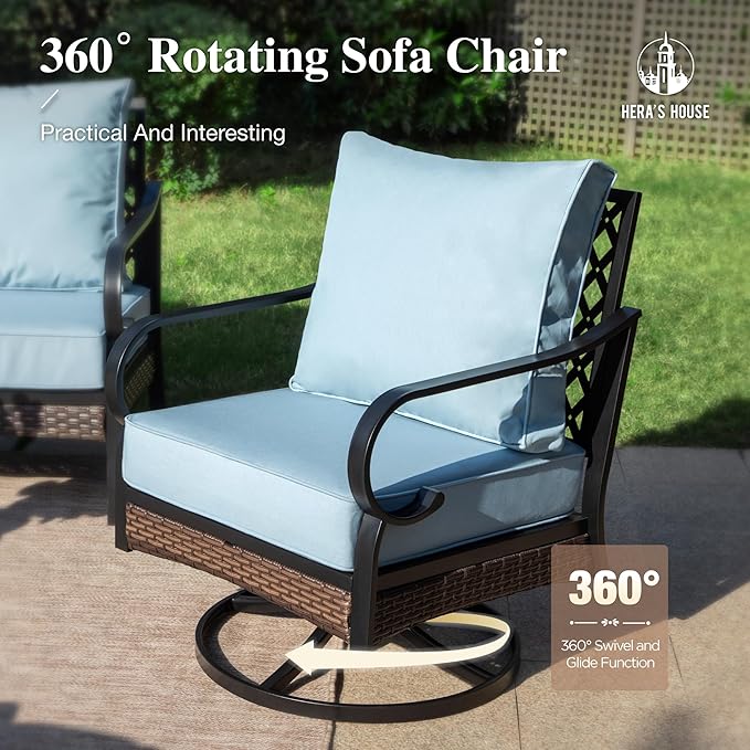 HERA'S HOUSE 4 Piece Metal Patio Furniture Set, All Weather Outdoor Conversation Set with 3 Seat Sofa, 2 Swivel Chairs & Coffee Table, Seats 5 for Backyard, Garden, Deck, Blue