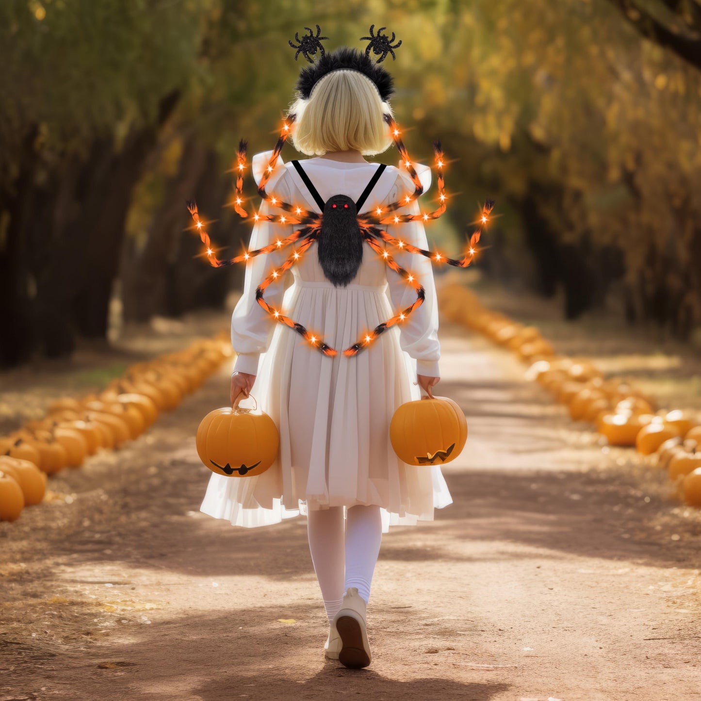 Halloween Spider Costume for Adults Orange LED Lights Plus Candy Backpack Headband Ring Tattoos for Trick or Treat Cosplay Halloween Party Decorations Accessories(Batteries Not Included)