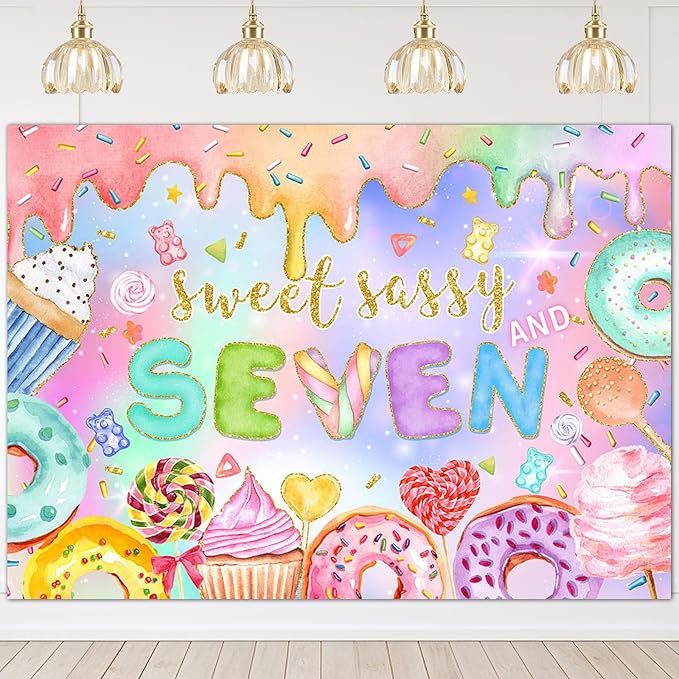 Mocsicka Sweet Sassy and Seven Birthday Backdrop Girls Sweet Candy Donut 7th Birthday Party Background Happy 7th Birthday ...
