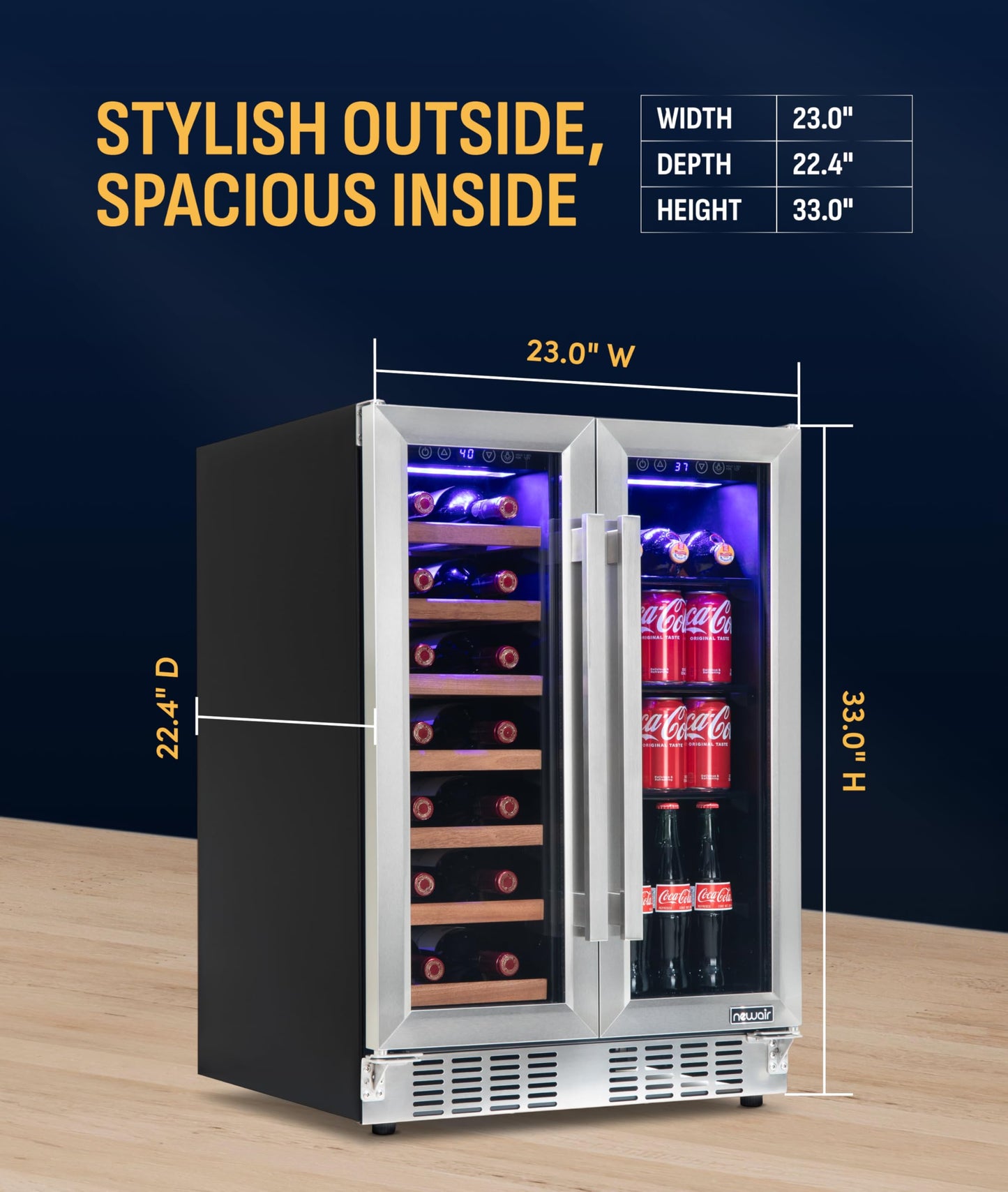NewAir 24" Dual Zone Beverage Refrigerator & Wine Cooler for 20 Bottles & 78 Cans | Freestanding or Built-In Under Counter Mini Fridge for Beer, Wine and Soda | Stainless Steel