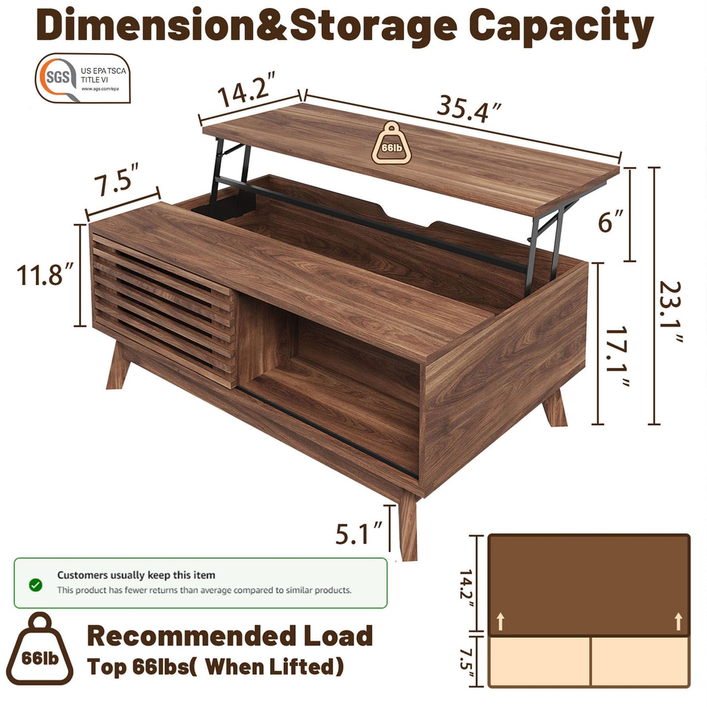 HAIOOU Lift Top Coffee Table, Mid Century Modern Coffee Table with Storage for Living Room, 35.4'' Walnut Coffee Tables with Sliding Fence Door (Brown)