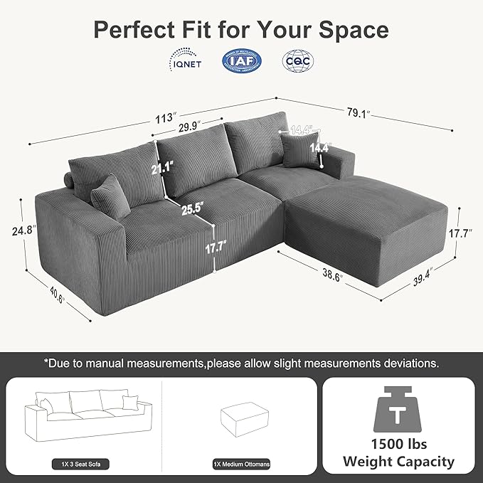 113" Modular Sectional Sofa, Compression Sofa with Deep Seat, Convertible L Shape Couch with Ottoman, Upholstered Couches for Living Room Bedroom,No Assembly Required (Grey Corduroy, 113" L Shape)