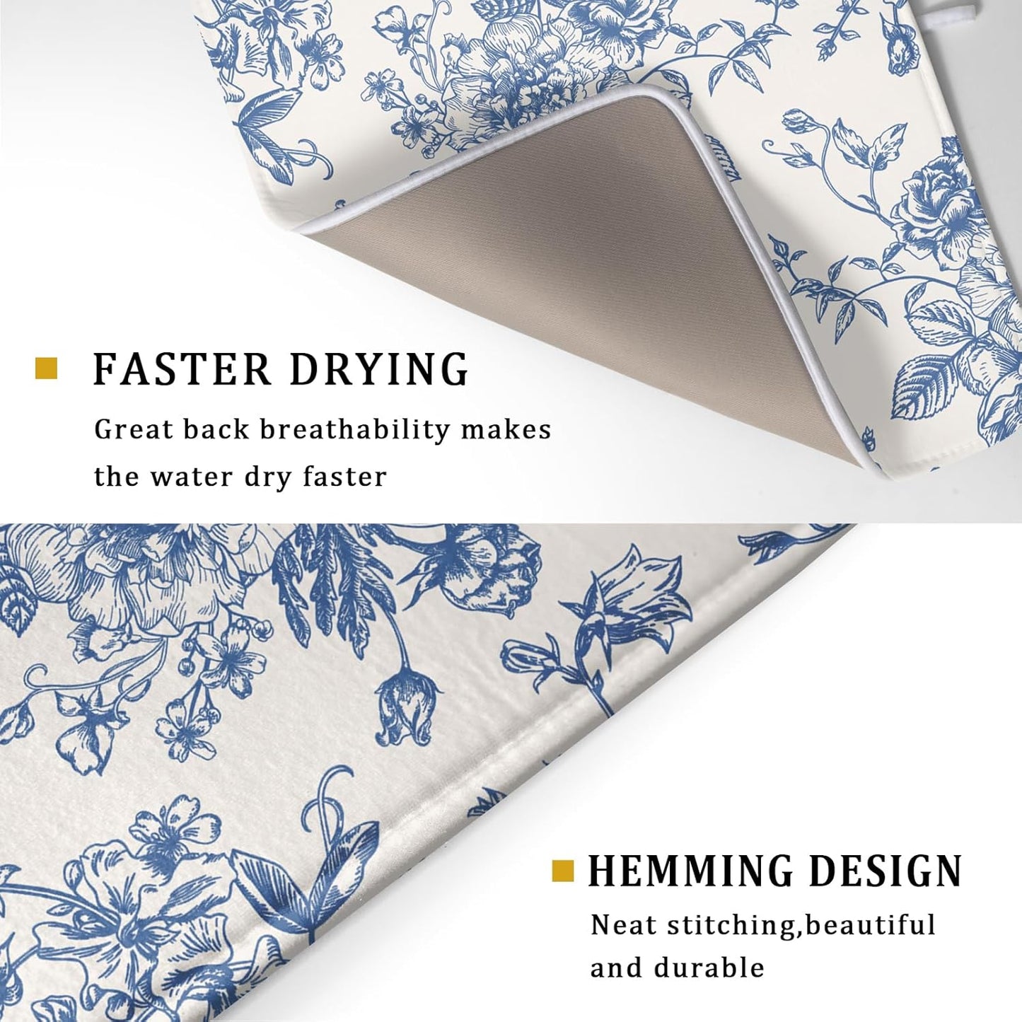 Vintage Blue Floral Dish Drying Mat for Kitchen Counter 18x24 Inch Chinoiserie Flowers Absorbent Reversible Microfiber Dish Pad Dish Drainer Rack Mats Countertops Protector Mat