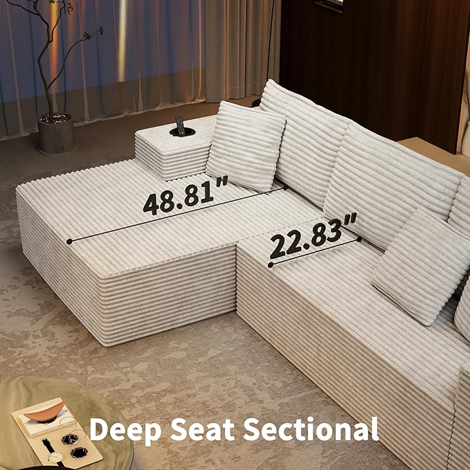 Cibert 104.3" Modular Sectional Sofa, Beige Boneless Couch Left Chaise L Shaped Couch with USB Ports, 2 Cup Holders, 2 Side Storage Bags & Lint Remover, No Assembly Sectional Couches for Living Room