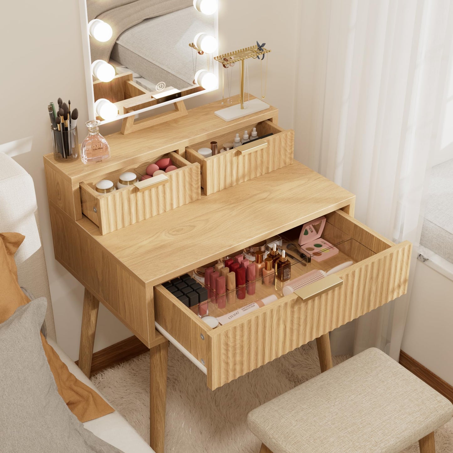 BOLUO Small Vanity Desk with Hollywood Mirror and Lights, Girls Vanity with Stool, Fluted Vanity Set, Compact Make Up Table with Drawers and Outlet Bedroom